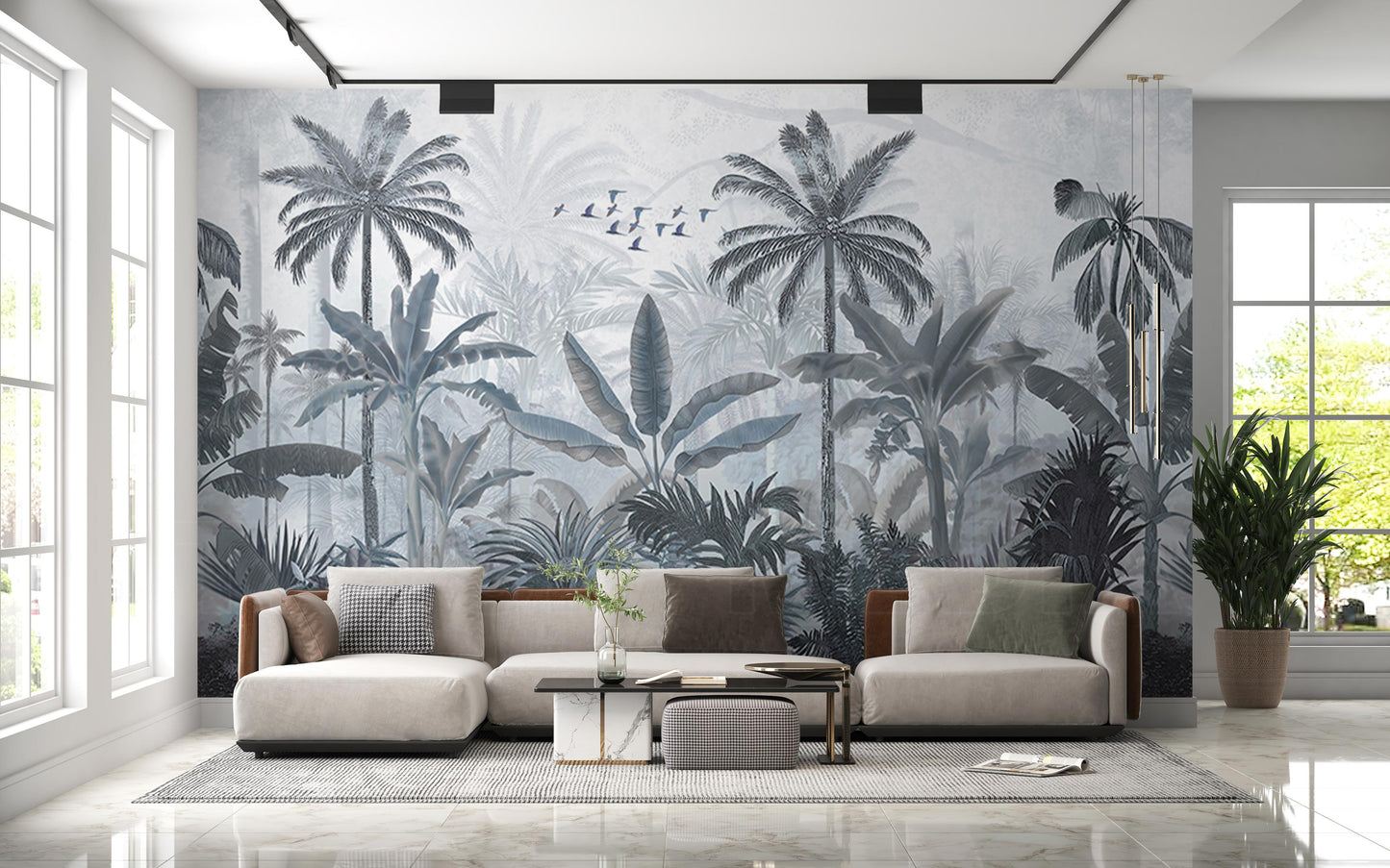 An architectural perspective of a high-end lounge area featuring the Mystic Rainforest Haven Mural in Night Rendezvous as a full-scale feature wall. The mural’s expansive botanical vista pairs elegantly with modern furniture and warm accent lighting, creating a peaceful and cultured interior sanctuary.