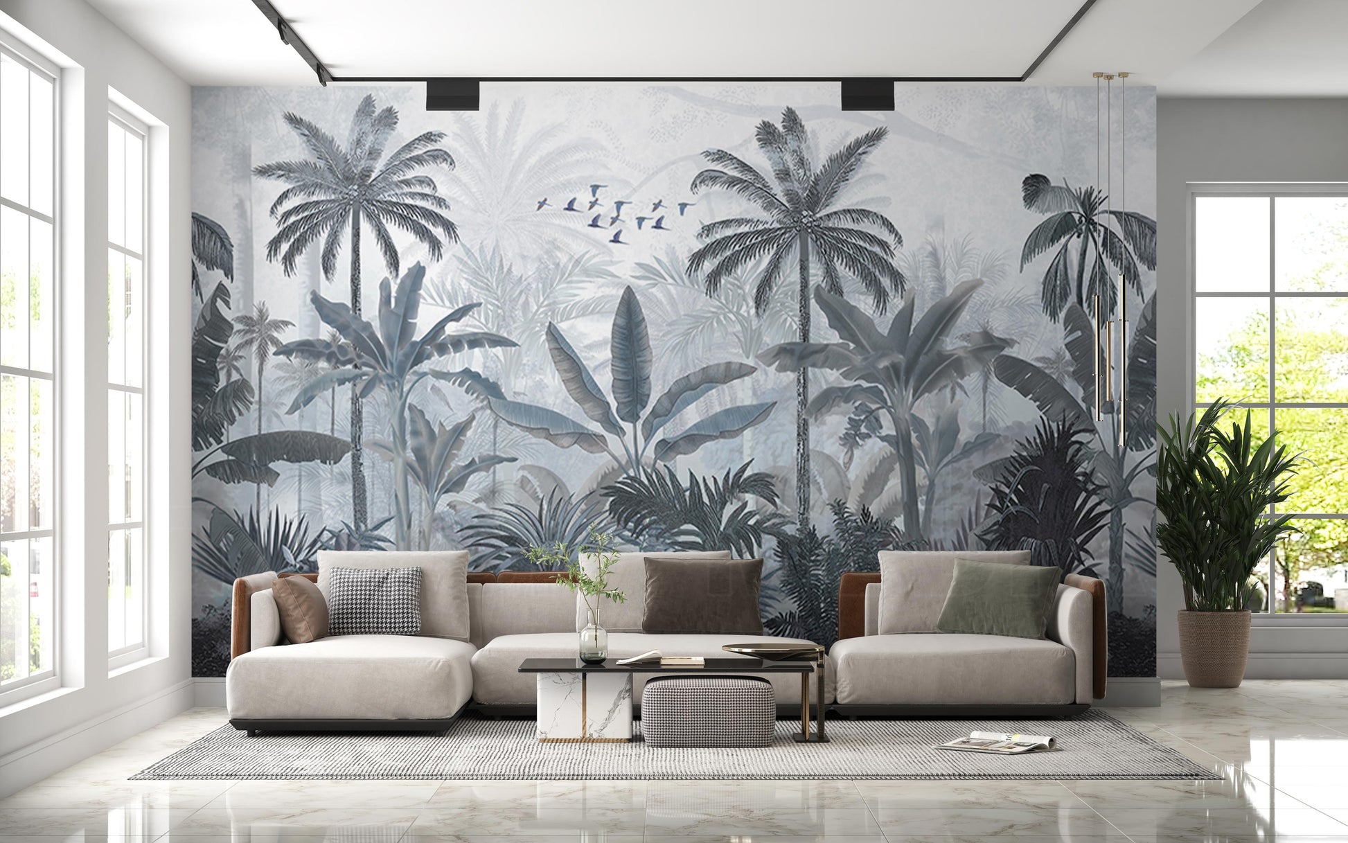 An architectural perspective of a high-end lounge area featuring the Mystic Rainforest Haven Mural in Night Rendezvous as a full-scale feature wall. The mural’s expansive botanical vista pairs elegantly with modern furniture and warm accent lighting, creating a peaceful and cultured interior sanctuary.