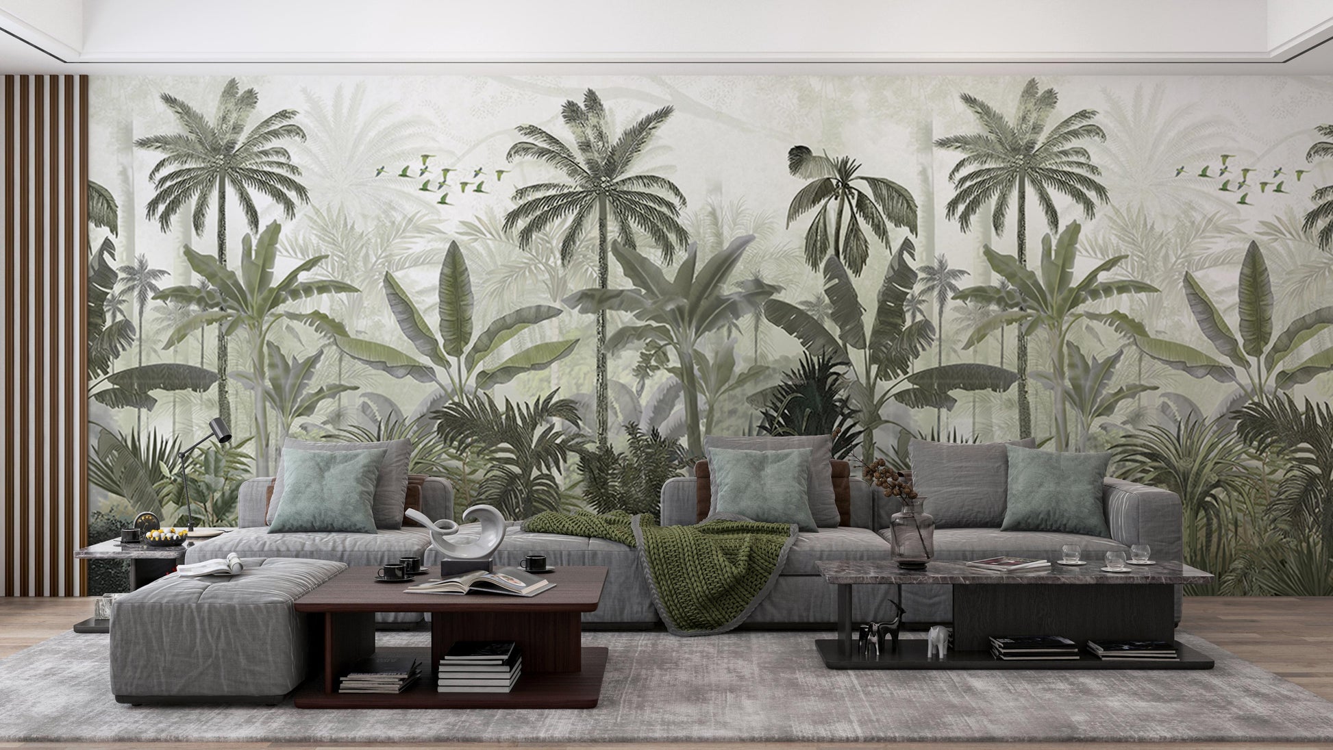 An architectural perspective of a contemporary lounge or office space featuring the Mystic Rainforest Haven Mural in Pale Olive as a full-scale feature wall. The mural’s expansive botanical vista pairs elegantly with natural rattan furniture and linen textiles, creating a peaceful and cultured interior sanctuary.