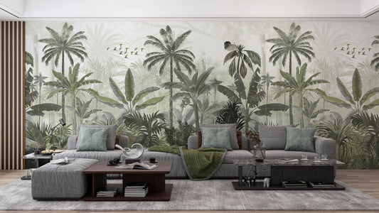 An architectural perspective of a contemporary lounge or office space featuring the Mystic Rainforest Haven Mural in Pale Olive as a full-scale feature wall. The mural’s expansive botanical vista pairs elegantly with natural rattan furniture and linen textiles, creating a peaceful and cultured interior sanctuary.