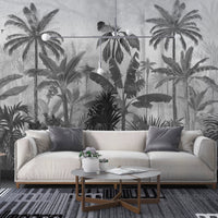 An architectural perspective of a high-end contemporary lounge featuring the Mystic Rainforest Haven Mural in Quick silver as a full-scale feature wall. The mural’s expansive botanical vista pairs elegantly with chrome accents and cool-toned flooring, creating a peaceful and cultured interior sanctuary.