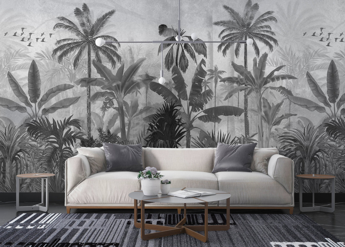 An architectural perspective of a high-end contemporary lounge featuring the Mystic Rainforest Haven Mural in Quick silver as a full-scale feature wall. The mural’s expansive botanical vista pairs elegantly with chrome accents and cool-toned flooring, creating a peaceful and cultured interior sanctuary.