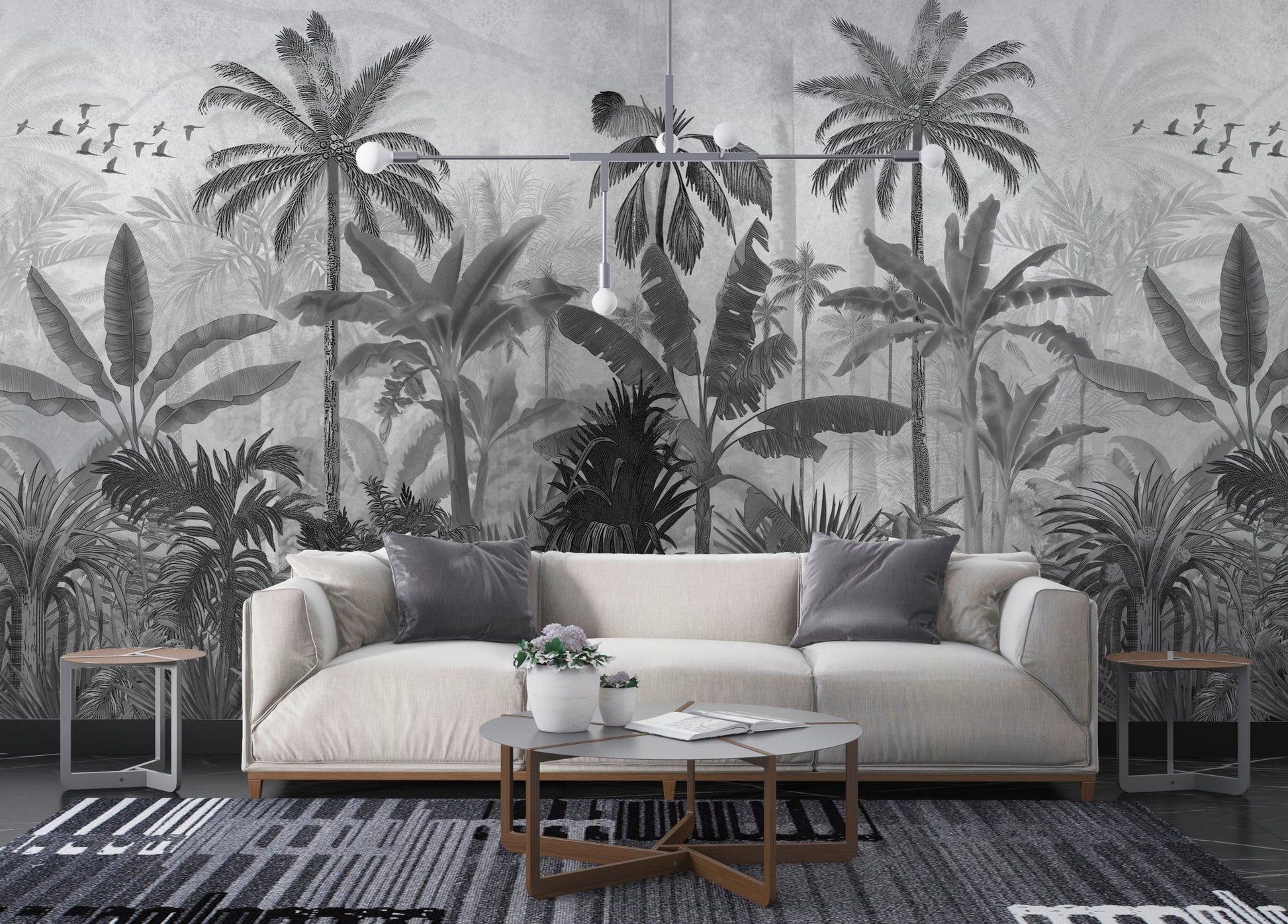 An architectural perspective of a high-end contemporary lounge featuring the Mystic Rainforest Haven Mural in Quick silver as a full-scale feature wall. The mural’s expansive botanical vista pairs elegantly with chrome accents and cool-toned flooring, creating a peaceful and cultured interior sanctuary.