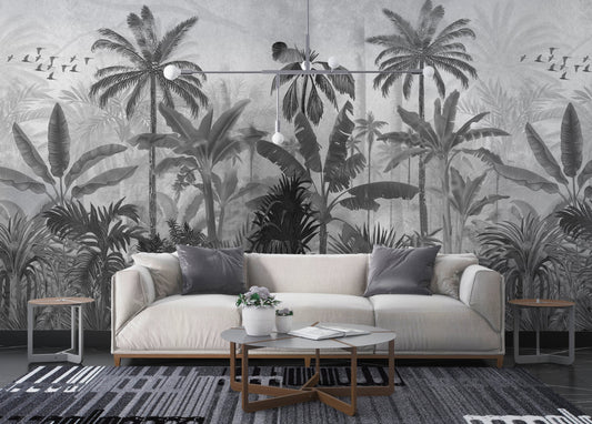 An architectural perspective of a high-end contemporary lounge featuring the Mystic Rainforest Haven Mural in Quick silver as a full-scale feature wall. The mural’s expansive botanical vista pairs elegantly with chrome accents and cool-toned flooring, creating a peaceful and cultured interior sanctuary.