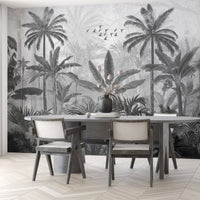 An architectural perspective of a high-end contemporary lounge featuring the Mystic Rainforest Haven Mural in Quick silver as a full-scale feature wall. The mural’s expansive botanical vista pairs elegantly with chrome accents and cool-toned flooring, creating a peaceful and cultured interior sanctuary.
