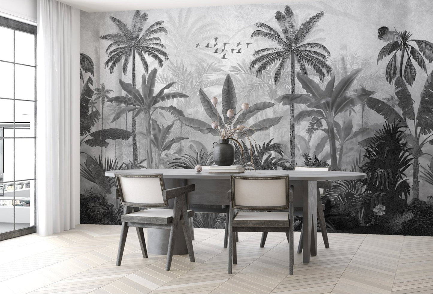 An architectural perspective of a high-end contemporary lounge featuring the Mystic Rainforest Haven Mural in Quick silver as a full-scale feature wall. The mural’s expansive botanical vista pairs elegantly with chrome accents and cool-toned flooring, creating a peaceful and cultured interior sanctuary.