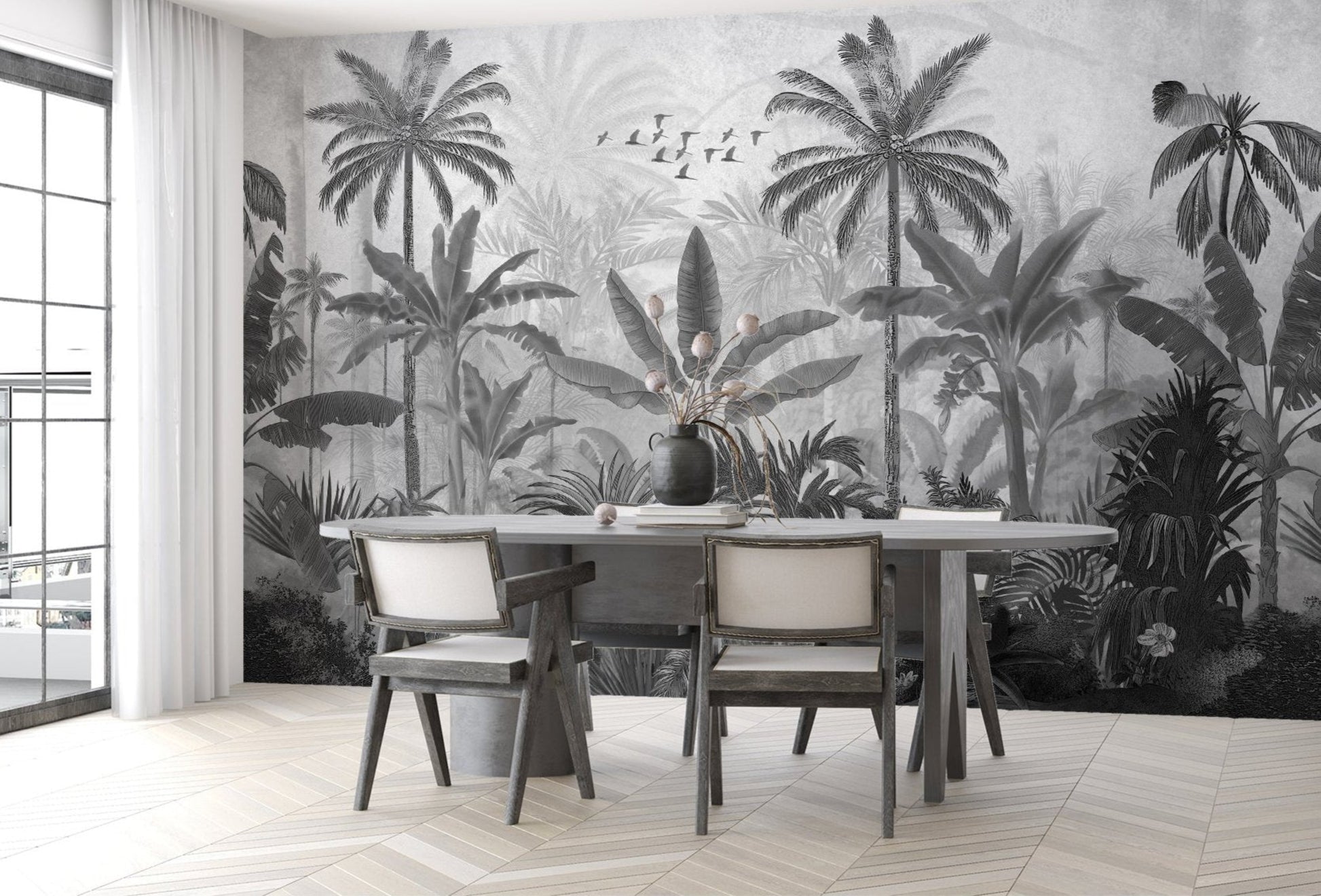 An architectural perspective of a high-end contemporary lounge featuring the Mystic Rainforest Haven Mural in Quick silver as a full-scale feature wall. The mural’s expansive botanical vista pairs elegantly with chrome accents and cool-toned flooring, creating a peaceful and cultured interior sanctuary.
