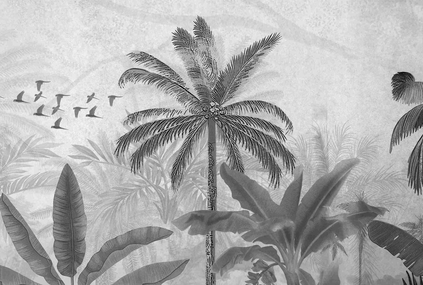 An architectural perspective of a high-end contemporary lounge featuring the Mystic Rainforest Haven Mural in Quick silver as a full-scale feature wall. The mural’s expansive botanical vista pairs elegantly with chrome accents and cool-toned flooring, creating a peaceful and cultured interior sanctuary.