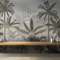 An architectural perspective of a minimalist kitchen or dining area featuring the Mystic Rainforest Haven Mural as a full-scale feature wall. The mural’s expansive botanical vista pairs elegantly with natural wood countertops and soft neutral flooring, creating a peaceful and cultured interior sanctuary.