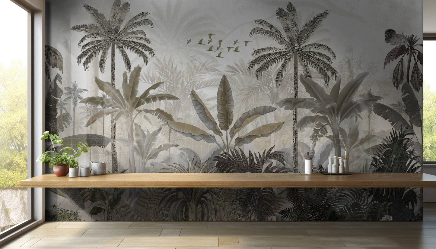 An architectural perspective of a minimalist kitchen or dining area featuring the Mystic Rainforest Haven Mural as a full-scale feature wall. The mural’s expansive botanical vista pairs elegantly with natural wood countertops and soft neutral flooring, creating a peaceful and cultured interior sanctuary.