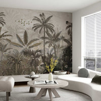 An architectural perspective of a minimalist kitchen or dining area featuring the Mystic Rainforest Haven Mural as a full-scale feature wall. The mural’s expansive botanical vista pairs elegantly with natural wood countertops and soft neutral flooring, creating a peaceful and cultured interior sanctuary.