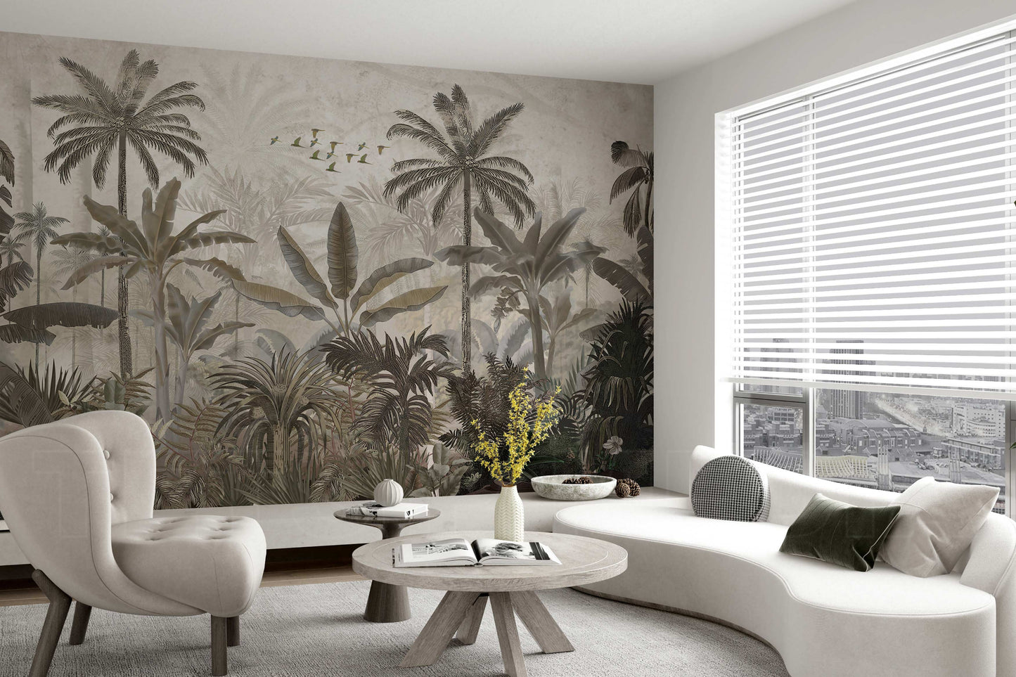 An architectural perspective of a minimalist kitchen or dining area featuring the Mystic Rainforest Haven Mural as a full-scale feature wall. The mural’s expansive botanical vista pairs elegantly with natural wood countertops and soft neutral flooring, creating a peaceful and cultured interior sanctuary.