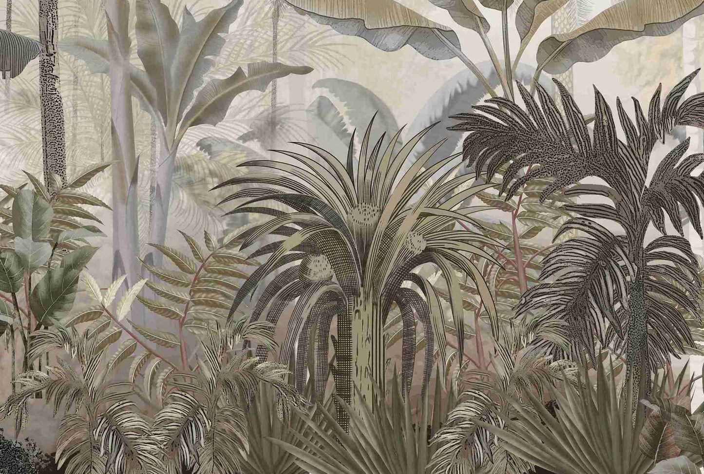 An architectural perspective of a minimalist kitchen or dining area featuring the Mystic Rainforest Haven Mural as a full-scale feature wall. The mural’s expansive botanical vista pairs elegantly with natural wood countertops and soft neutral flooring, creating a peaceful and cultured interior sanctuary.