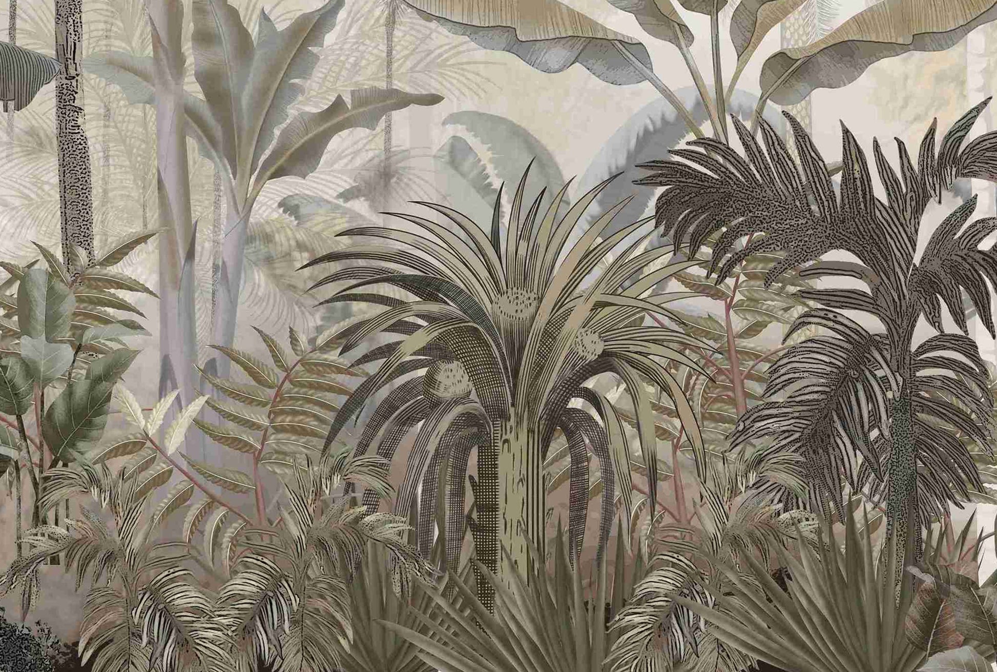 An architectural perspective of a minimalist kitchen or dining area featuring the Mystic Rainforest Haven Mural as a full-scale feature wall. The mural’s expansive botanical vista pairs elegantly with natural wood countertops and soft neutral flooring, creating a peaceful and cultured interior sanctuary.