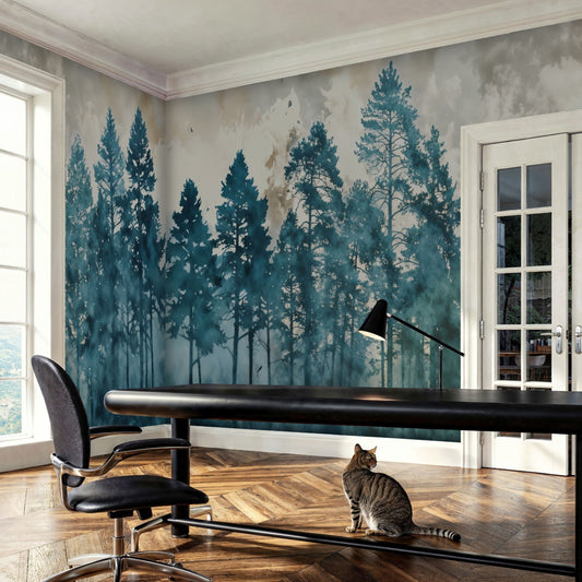 Mystic teal forest mural wallpaper with deep teal colour nature design installed as a feature wall in living room, dining room, and bedroom interiors.