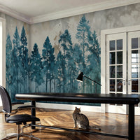 Mystic teal forest mural wallpaper with deep teal colour nature design installed as a feature wall in living room, dining room, and bedroom interiors.
