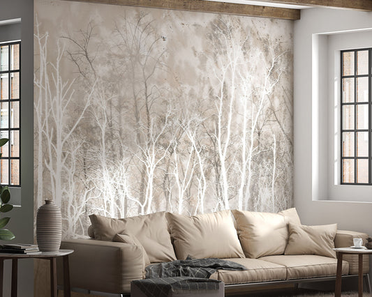 Soft beige neutral forest mural wallpaper with nature-inspired design installed as a feature wall in living room, dining room, and bedroom interiors.