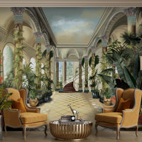 Sand beige royal heritage mural wallpaper installed as a feature wall in living room, dining room, and bedroom interiors with palatial elegance design.