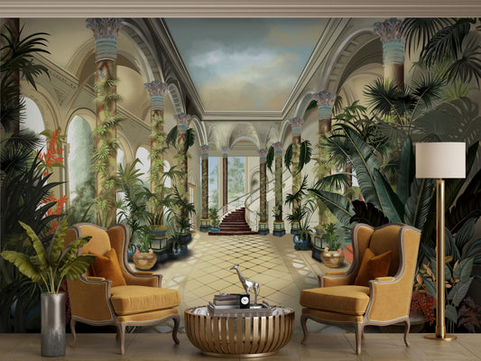 Sand beige royal heritage mural wallpaper installed as a feature wall in living room, dining room, and bedroom interiors with palatial elegance design.