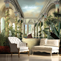 Sand beige royal heritage mural wallpaper installed as a feature wall in living room, dining room, and bedroom interiors with palatial elegance design.
