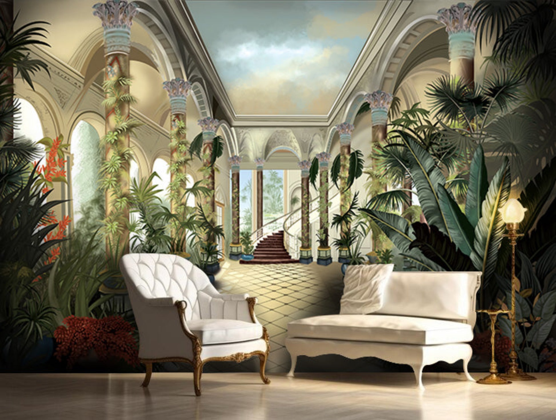 Sand beige royal heritage mural wallpaper installed as a feature wall in living room, dining room, and bedroom interiors with palatial elegance design.