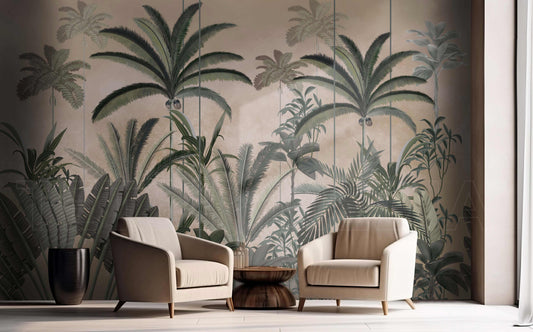 An architectural perspective of a contemporary lounge featuring the Palm Haven Mural in Beige Ochre as a full-scale feature wall. The mural’s expansive palm vista pairs elegantly with natural oak furniture and woven textures, creating a peaceful and cultured interior sanctuary.