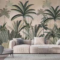 An architectural perspective of a contemporary lounge featuring the Palm Haven Mural in Beige Ochre as a full-scale feature wall. The mural’s expansive palm vista pairs elegantly with natural oak furniture and woven textures, creating a peaceful and cultured interior sanctuary.