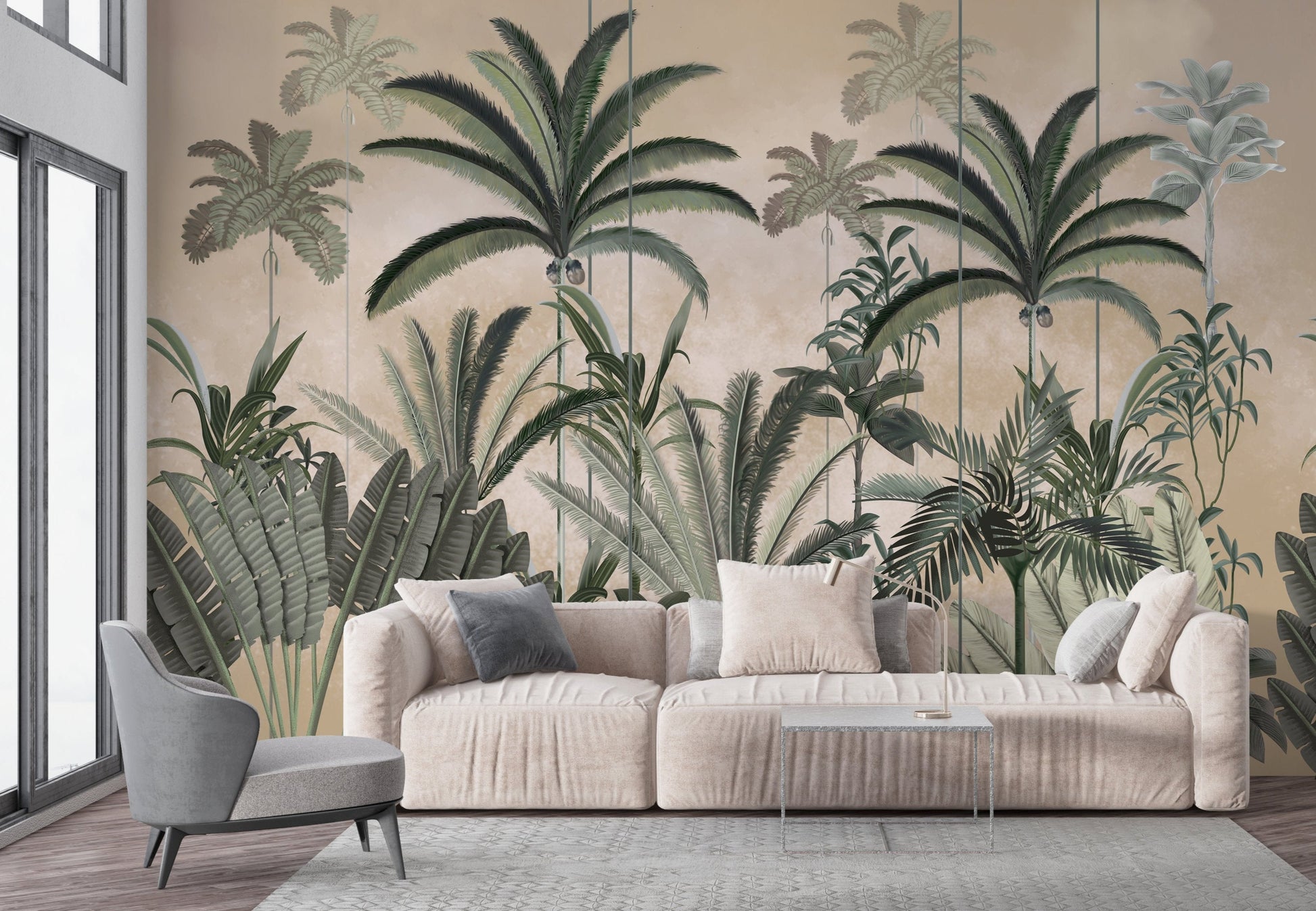 An architectural perspective of a contemporary lounge featuring the Palm Haven Mural in Beige Ochre as a full-scale feature wall. The mural’s expansive palm vista pairs elegantly with natural oak furniture and woven textures, creating a peaceful and cultured interior sanctuary.