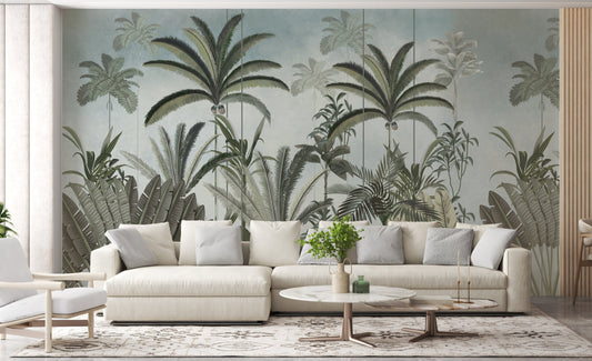 An architectural perspective of a contemporary lounge featuring the Palm Haven Mural as a full-scale feature wall behind a cream sectional sofa. The mural’s expansive palm vista pairs elegantly with minimalist marble tables and neutral textiles, creating a peaceful and cultured interior sanctuary.