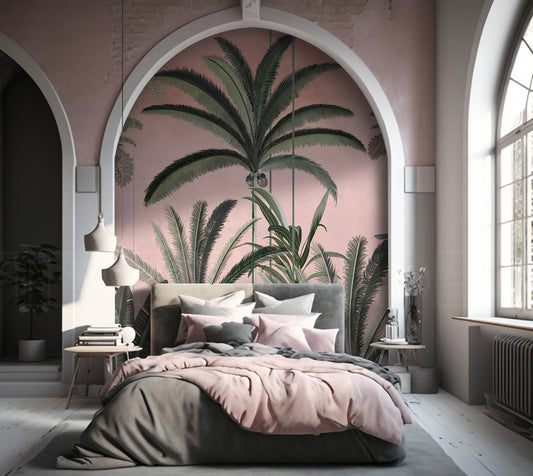 An architectural perspective of a contemporary lounge featuring the Palm Haven Mural in Seashell Peach as a full-scale feature wall. The mural’s expansive palm vista pairs elegantly with mid-century furniture and warm wood accents, creating a peaceful and cultured interior sanctuary.