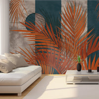 An architectural perspective of a luxury lounge featuring the Palm Serenade Mural as a full-scale feature wall. The mural’s saturated teal and emerald tones pair strikingly with velvet upholstery, metallic accents, and minimalist furniture, creating a sophisticated and high-energy interior atmosphere.