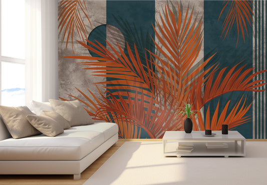 An architectural perspective of a luxury lounge featuring the Palm Serenade Mural as a full-scale feature wall. The mural’s saturated teal and emerald tones pair strikingly with velvet upholstery, metallic accents, and minimalist furniture, creating a sophisticated and high-energy interior atmosphere.