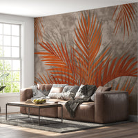 An architectural perspective of a luxury lounge featuring the Palm Serenade Mural as a full-scale feature wall. The mural’s warm dusty beige and earthy tones pair strikingly with minimalist furniture, natural wood accents, and soft cream upholstery, creating a sophisticated and balanced interior atmosphere.