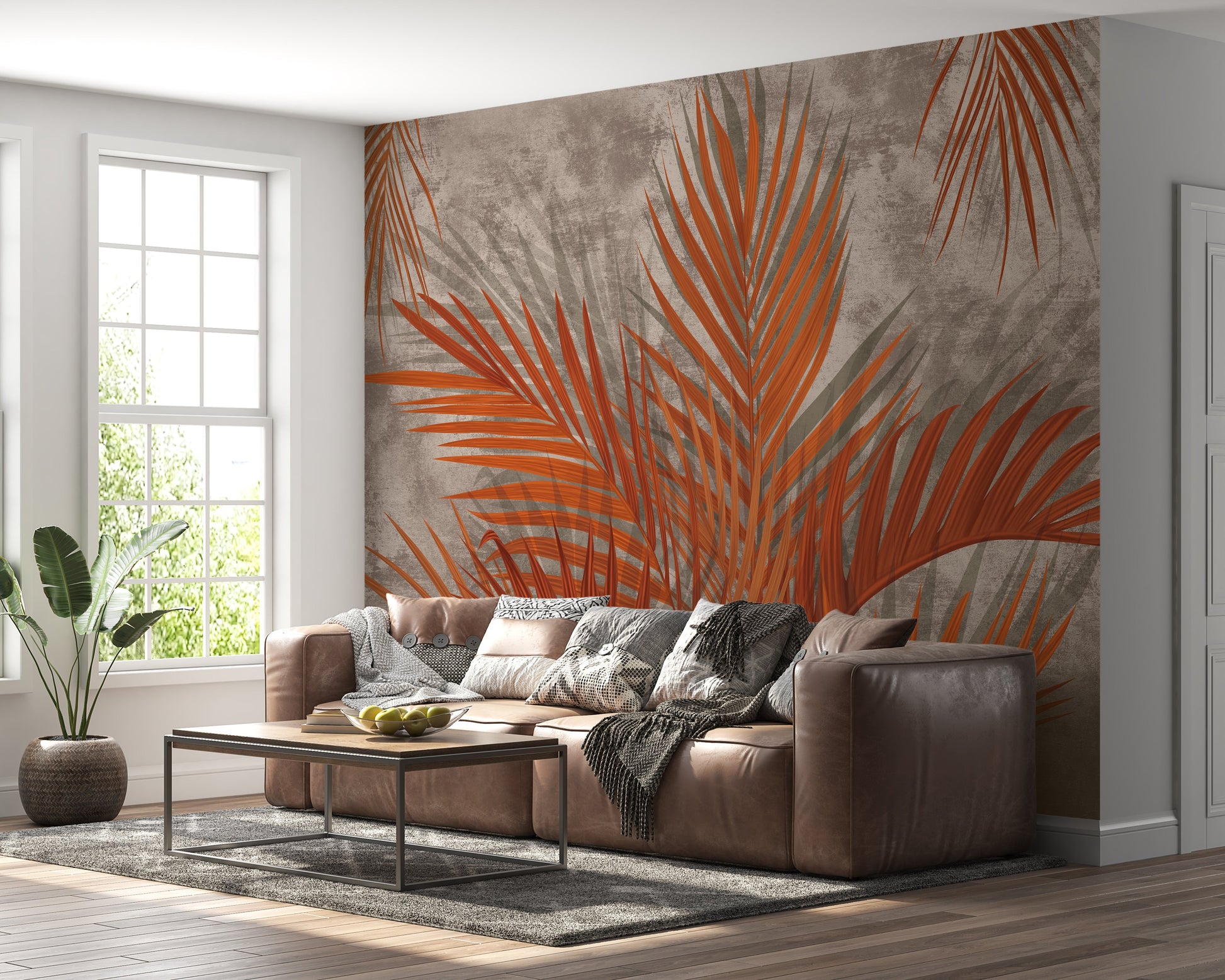 An architectural perspective of a luxury lounge featuring the Palm Serenade Mural as a full-scale feature wall. The mural’s warm dusty beige and earthy tones pair strikingly with minimalist furniture, natural wood accents, and soft cream upholstery, creating a sophisticated and balanced interior atmosphere.
