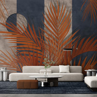 An architectural perspective of a luxury lounge featuring the Palm Serenade Mural as a full-scale feature wall. The mural’s bold blue and orange tones pair strikingly with low-profile cream upholstery, marble side tables, and dark blue carpeting, creating a sophisticated and high-energy interior atmosphere.