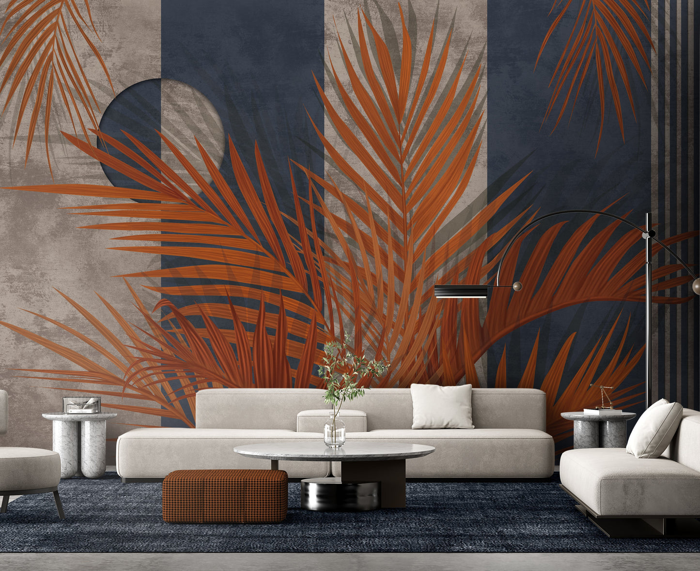 An architectural perspective of a luxury lounge featuring the Palm Serenade Mural as a full-scale feature wall. The mural’s bold blue and orange tones pair strikingly with low-profile cream upholstery, marble side tables, and dark blue carpeting, creating a sophisticated and high-energy interior atmosphere.
