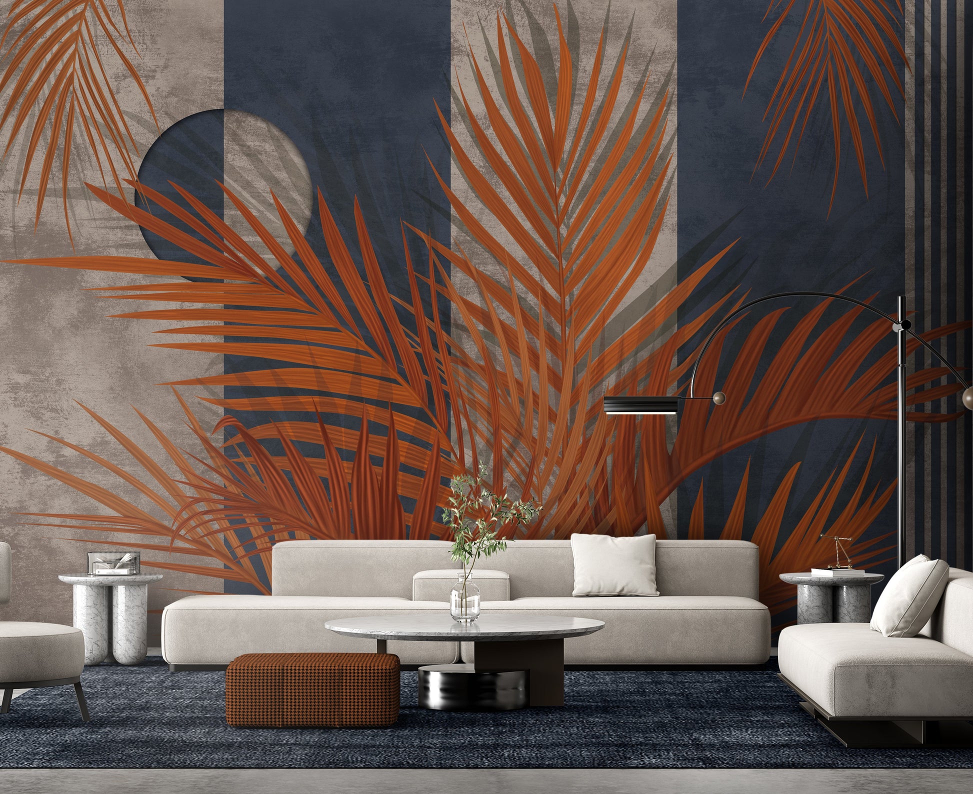 An architectural perspective of a luxury lounge featuring the Palm Serenade Mural as a full-scale feature wall. The mural’s bold blue and orange tones pair strikingly with low-profile cream upholstery, marble side tables, and dark blue carpeting, creating a sophisticated and high-energy interior atmosphere.