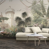 An architectural perspective of a contemporary lounge featuring the Palms of the Old Fort Mural as a full-scale panoramic backdrop behind a light neutral sofa. The mural’s layered composition of historic architecture and towering palms creates a sense of "framed history," pairing elegantly with dark wood herringbone flooring and minimalist marble accents.