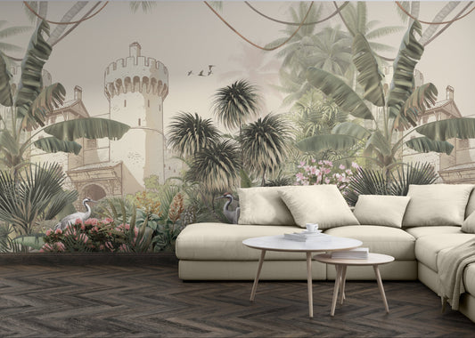An architectural perspective of a contemporary lounge featuring the Palms of the Old Fort Mural as a full-scale panoramic backdrop behind a light neutral sofa. The mural’s layered composition of historic architecture and towering palms creates a sense of "framed history," pairing elegantly with dark wood herringbone flooring and minimalist marble accents.