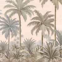 An architectural perspective of a contemporary lounge featuring the Palmscape Bliss Mural in Peach as a full-scale feature wall. The mural’s vertical composition and warm color story create a peaceful, expansive focal point that pairs elegantly with natural wooden furniture and soft, neutral textiles.