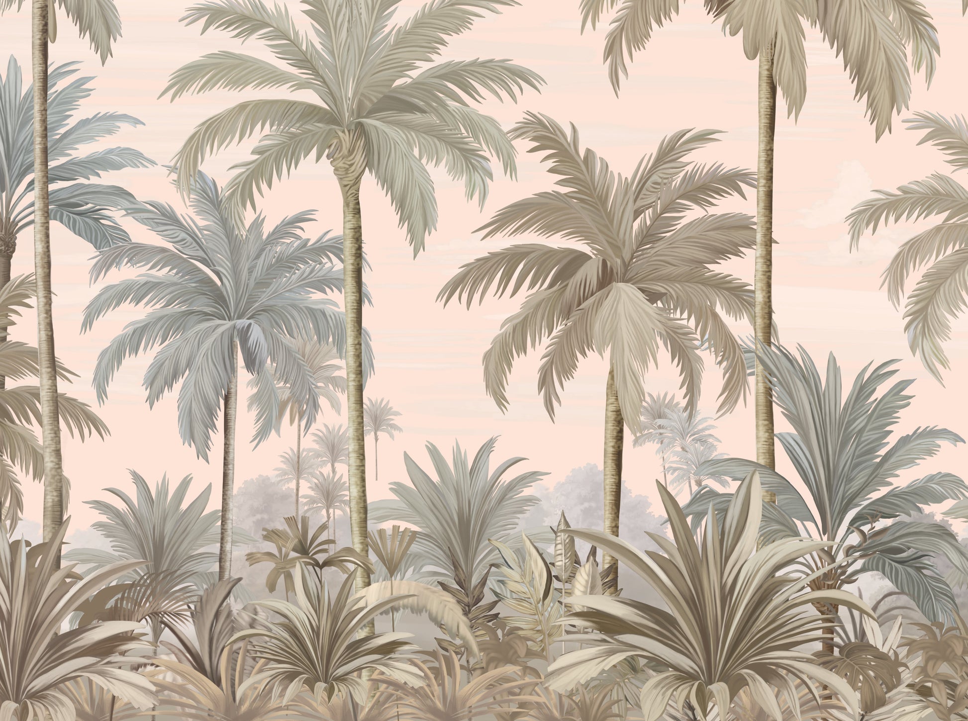 An architectural perspective of a contemporary lounge featuring the Palmscape Bliss Mural in Peach as a full-scale feature wall. The mural’s vertical composition and warm color story create a peaceful, expansive focal point that pairs elegantly with natural wooden furniture and soft, neutral textiles.