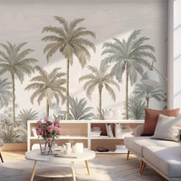 An architectural perspective of a contemporary coastal lounge featuring the Palmscape Bliss Mural in Creamed-Horizon as a full-scale feature wall behind a minimalist wooden sofa. The mural’s vertical composition and warm color story create a peaceful, expansive focal point that pairs elegantly with natural jute rugs and wood-toned accents.