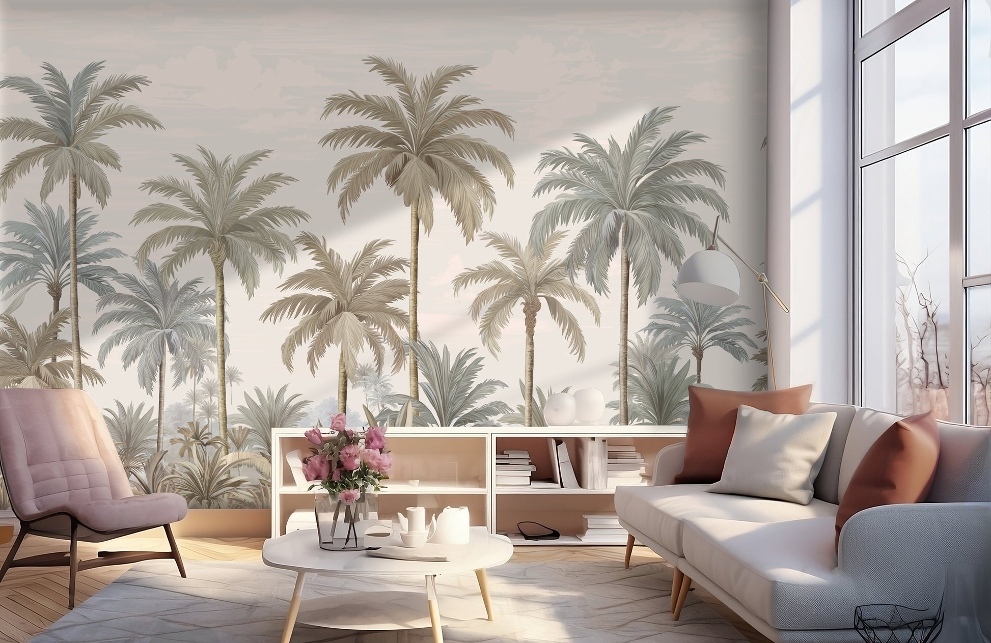An architectural perspective of a contemporary coastal lounge featuring the Palmscape Bliss Mural in Creamed-Horizon as a full-scale feature wall behind a minimalist wooden sofa. The mural’s vertical composition and warm color story create a peaceful, expansive focal point that pairs elegantly with natural jute rugs and wood-toned accents.