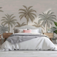 An architectural perspective of a contemporary coastal lounge featuring the Palmscape Bliss Mural in Creamed-Horizon as a full-scale feature wall behind a minimalist wooden sofa. The mural’s vertical composition and warm color story create a peaceful, expansive focal point that pairs elegantly with natural jute rugs and wood-toned accents.