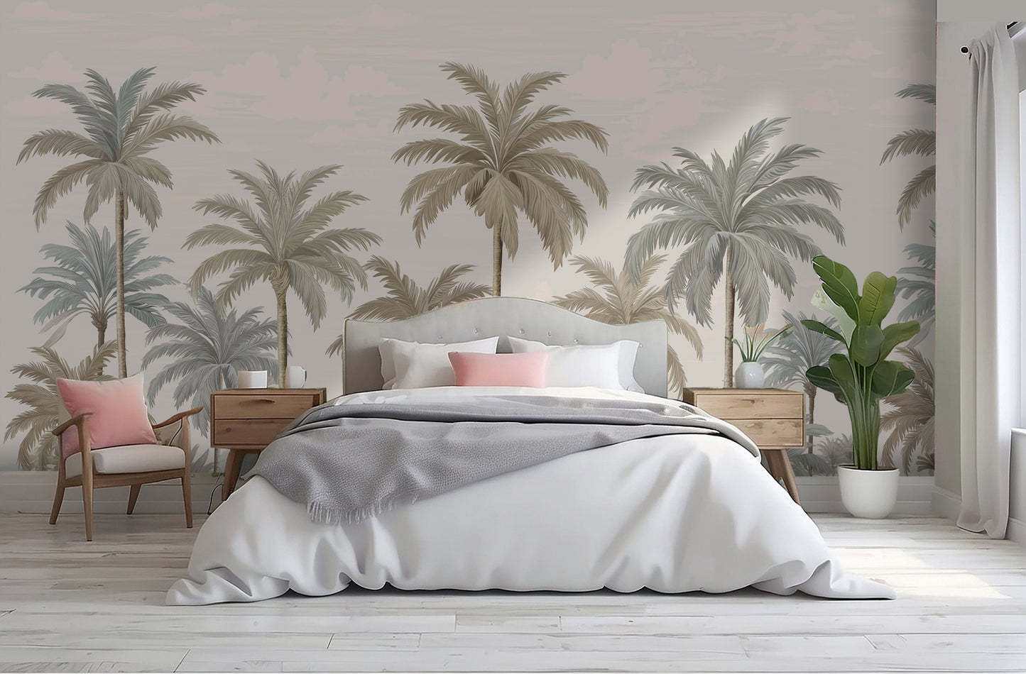 An architectural perspective of a contemporary coastal lounge featuring the Palmscape Bliss Mural in Creamed-Horizon as a full-scale feature wall behind a minimalist wooden sofa. The mural’s vertical composition and warm color story create a peaceful, expansive focal point that pairs elegantly with natural jute rugs and wood-toned accents.