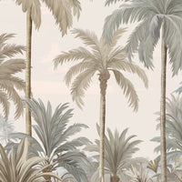 An architectural perspective of a contemporary coastal lounge featuring the Palmscape Bliss Mural in Creamed-Horizon as a full-scale feature wall behind a minimalist wooden sofa. The mural’s vertical composition and warm color story create a peaceful, expansive focal point that pairs elegantly with natural jute rugs and wood-toned accents.