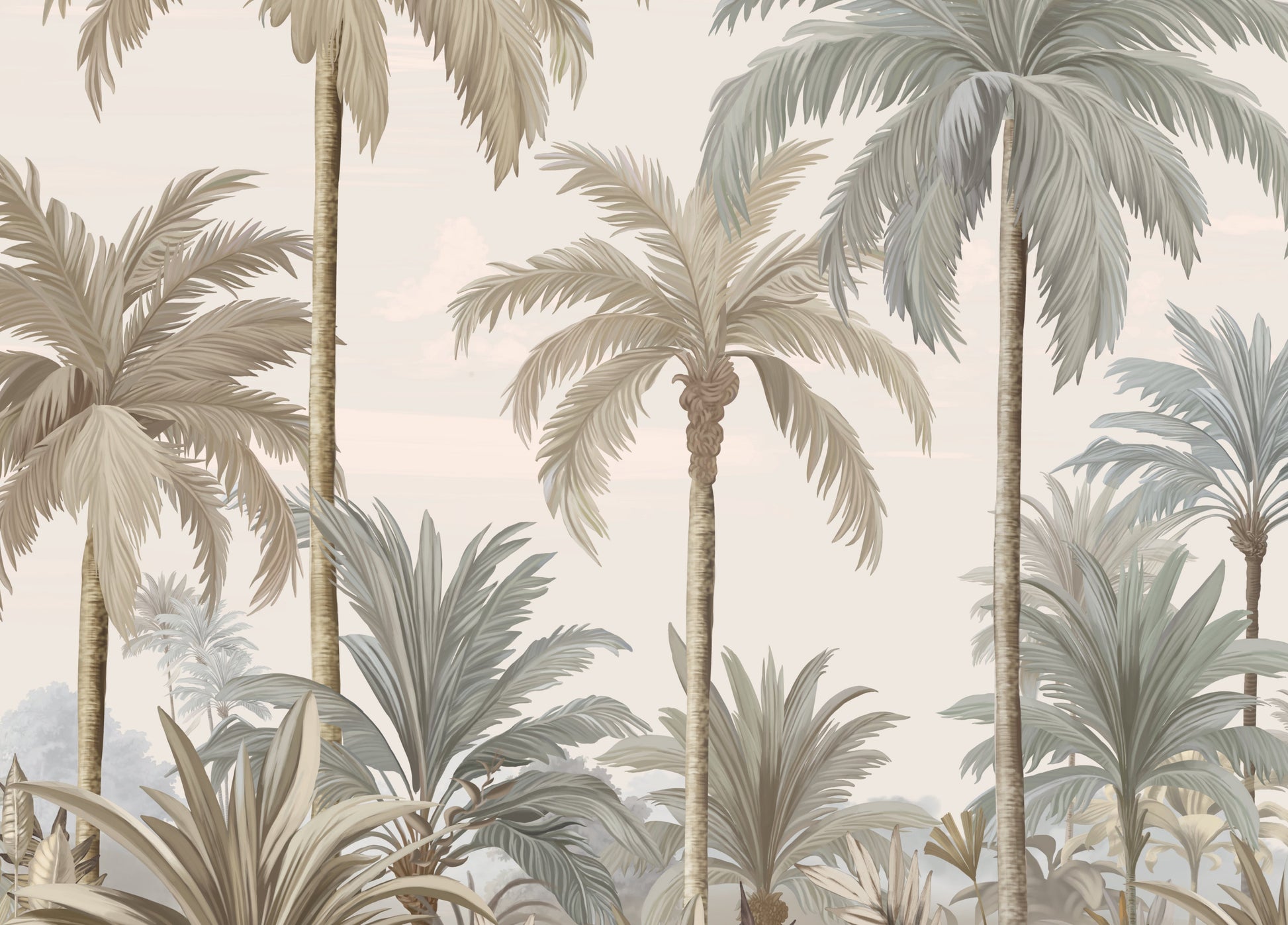 An architectural perspective of a contemporary coastal lounge featuring the Palmscape Bliss Mural in Creamed-Horizon as a full-scale feature wall behind a minimalist wooden sofa. The mural’s vertical composition and warm color story create a peaceful, expansive focal point that pairs elegantly with natural jute rugs and wood-toned accents.