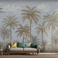 An architectural perspective of a contemporary coastal lounge featuring the Palmscape Bliss Mural as a full-scale feature wall behind a minimalist wooden sofa. The mural’s vertical composition and airy color story create a peaceful, expansive focal point that pairs elegantly with natural jute rugs and wood-toned accents.