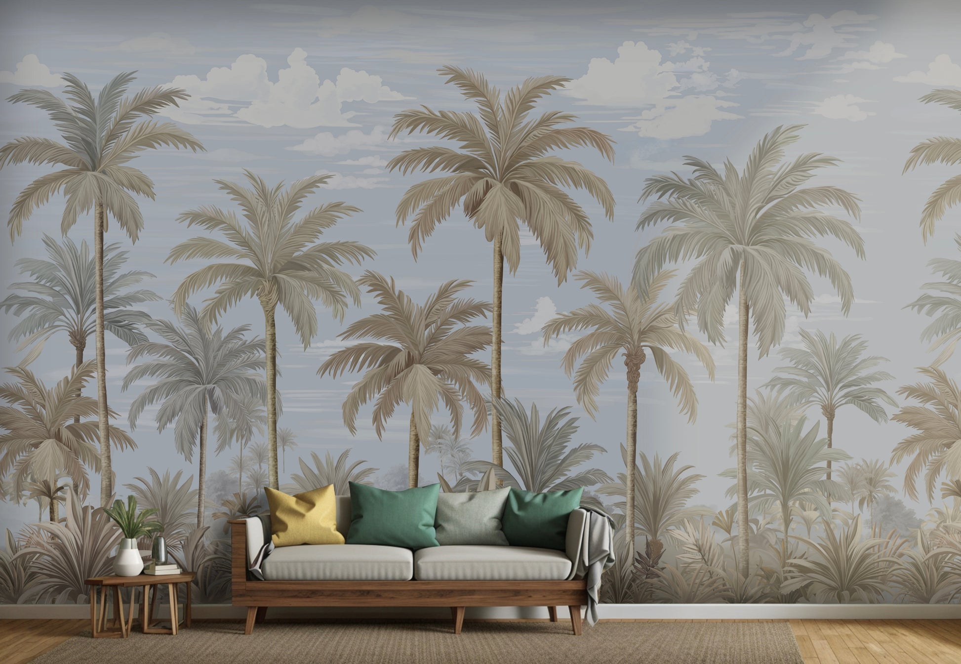An architectural perspective of a contemporary coastal lounge featuring the Palmscape Bliss Mural as a full-scale feature wall behind a minimalist wooden sofa. The mural’s vertical composition and airy color story create a peaceful, expansive focal point that pairs elegantly with natural jute rugs and wood-toned accents.