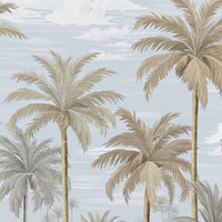 An architectural perspective of a contemporary coastal lounge featuring the Palmscape Bliss Mural as a full-scale feature wall behind a minimalist wooden sofa. The mural’s vertical composition and airy color story create a peaceful, expansive focal point that pairs elegantly with natural jute rugs and wood-toned accents.